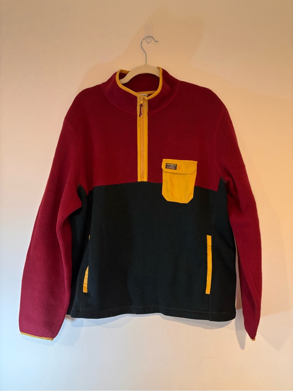 LL Bean Colorblock Half-Zip Fleece Sweater - Red & Black with Yellow T